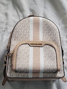 Michael Kors Jaycee Beige & White Signature Stripe Mini Backpack